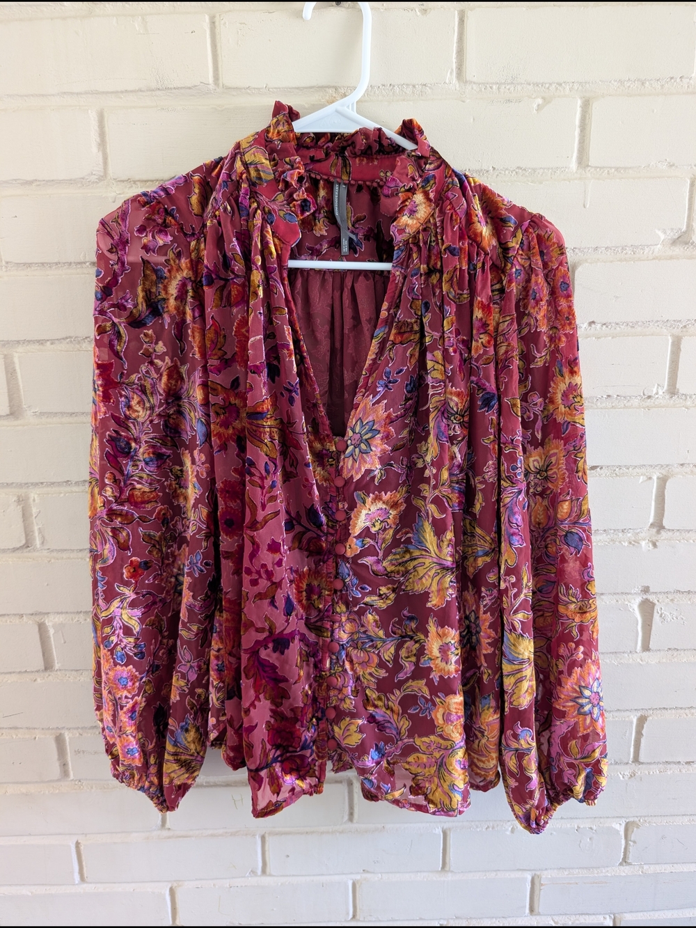 Anthropologie S Estela Sheer Printed Blouse Velvet Burnout Burgundy Pink Orange